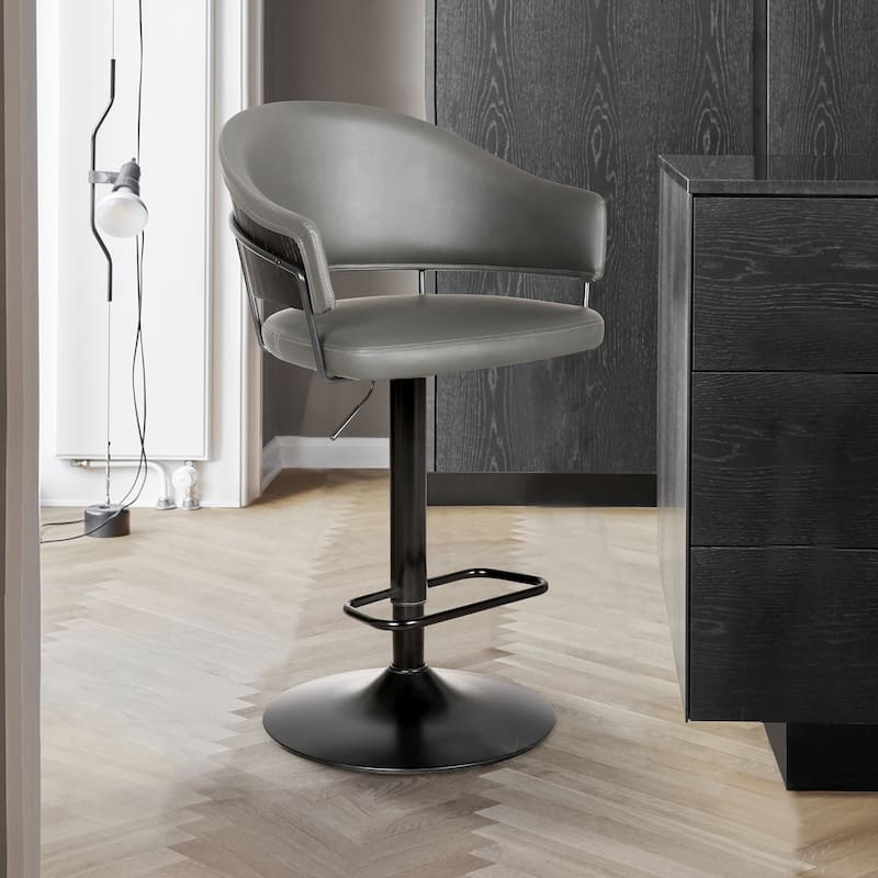 Brody 25" Adjustable Swivel Bar Stool, Black Wood with Gray Faux Leather and Metal Base - Adjustable