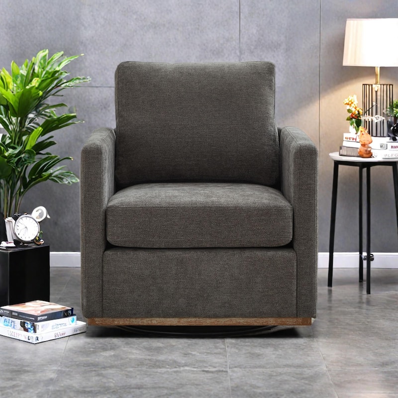 Chenille Square Swivel Accent Chair with 360掳 Rotation, Removable Back Cushion, and Solid Wood Frame - Charcoal