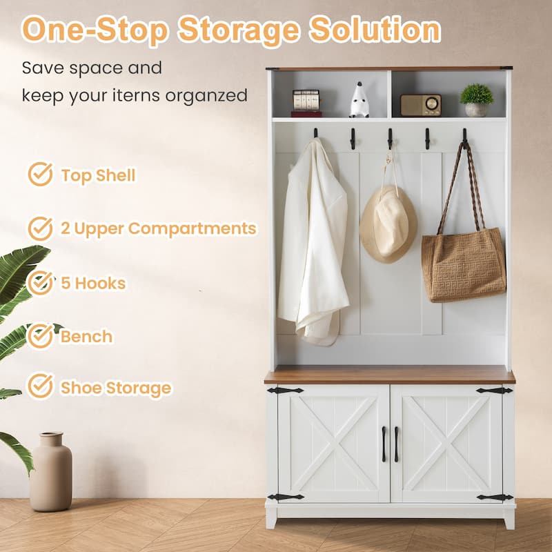 EROMMY White Hall Tree with Bench and Shoe Storage, Entryway Coat Rack with Hooks, Cabinets & Sturdy Base
