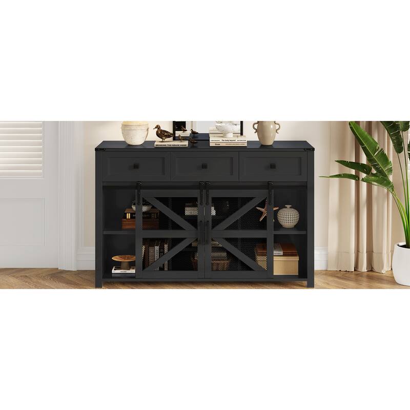 Roomfitters 55" Sideboard Buffet Cabinet with 3 Drawers and Sliding Barn Doors, Farmhouse Storage for Kitchen & Dining