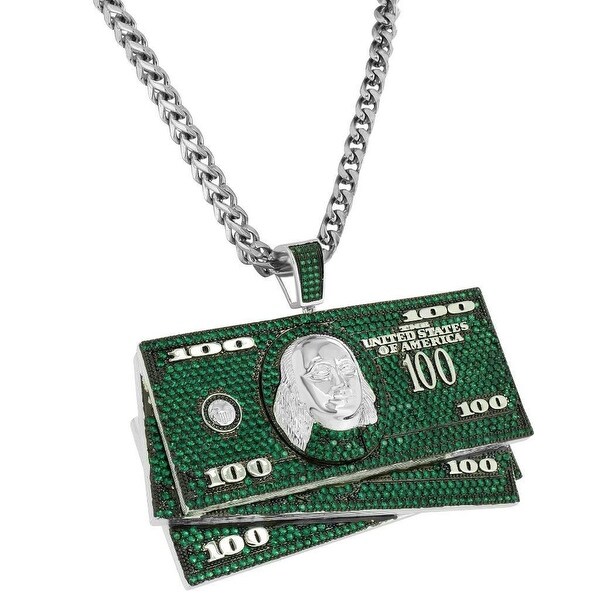 Iced Out Hundred Dollar Bill Pendant Green Lab Diamonds Steel Franco Chain