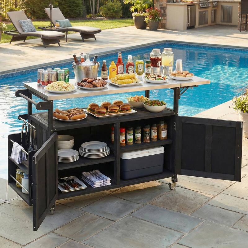 Foldable Outdoor Mobile Portable Kitchen Island Cart with Lockable Wheels, Storage Cabinet and Towel Rack
