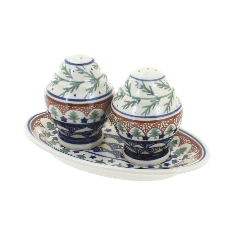 Blue Rose Polish Pottery 1282 Zaklady Salt & Pepper Shakers with Plate - Evergreen