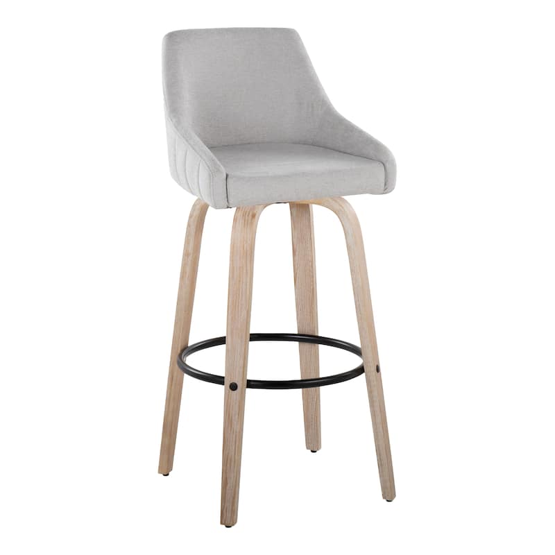 The Gray Barn Hadley 30" Fixed-Height Bar Stool with Bent Wood Legs & Round Footrest (Set of 2) - Grey Fabric/Whitewashed Wood/Black Metal