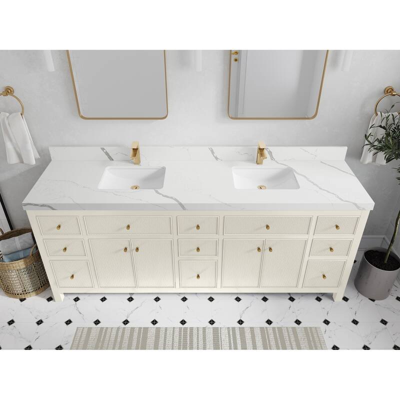 Willow Collections 84 in. W x 22 in. D Sonoma Free Standing Reeded Double Sink Bathroom Vanity with Countertop - 2”Calacatta Laza - Ivory