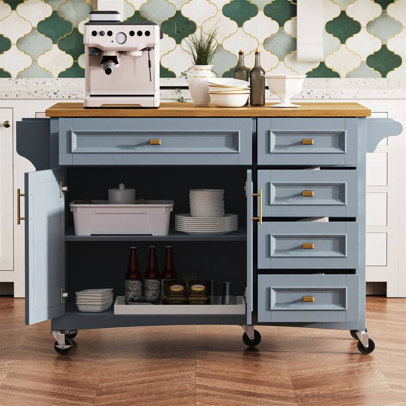 52" Rolling Kitchen Island with Drop Leaf,Spice Rack,Adjustable Shelf - Blue