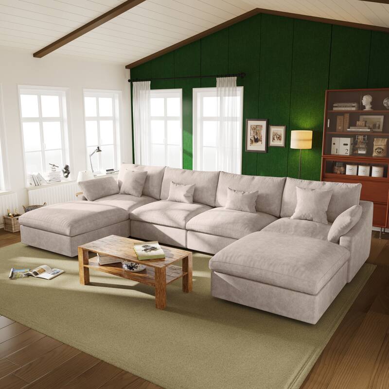 Oversized Linen Sectional Sofa Down Filled U-Shaped Couch for Living Room Set