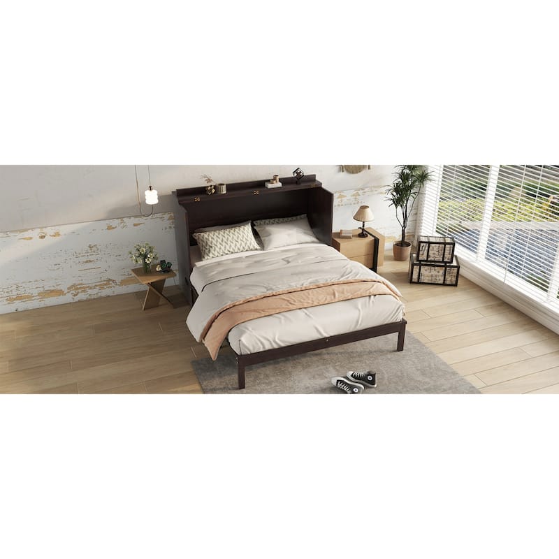 Roomfitters Queen Murphy Bed Cabinet, Pine Wood Fold-Down Bed with Power Station and Rattan Accent Panel