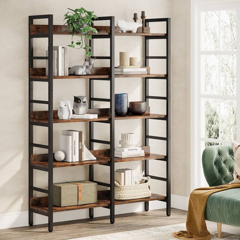 Double Wide Bookshelf, 5-Tier Industrial Etagere Bookcase Free Standing Tall Book Shelf, Rustic Brown