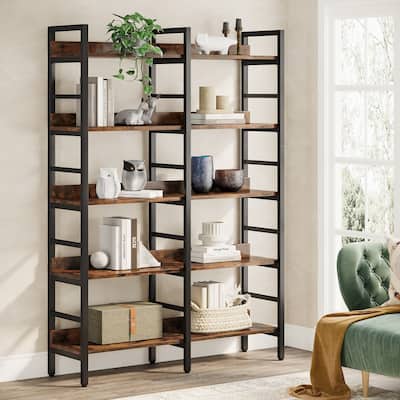 Double Wide Bookshelf, 5-Tier Industrial Etagere Bookcase Free Standing Tall Book Shelf, Rustic Brown