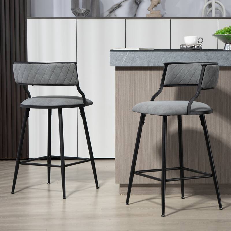 Counter Height Bar Stools Set of 2, Upholstered Bar Stools with Footrest, Kitchen Island Chairs with Curved Back and Metal Legs