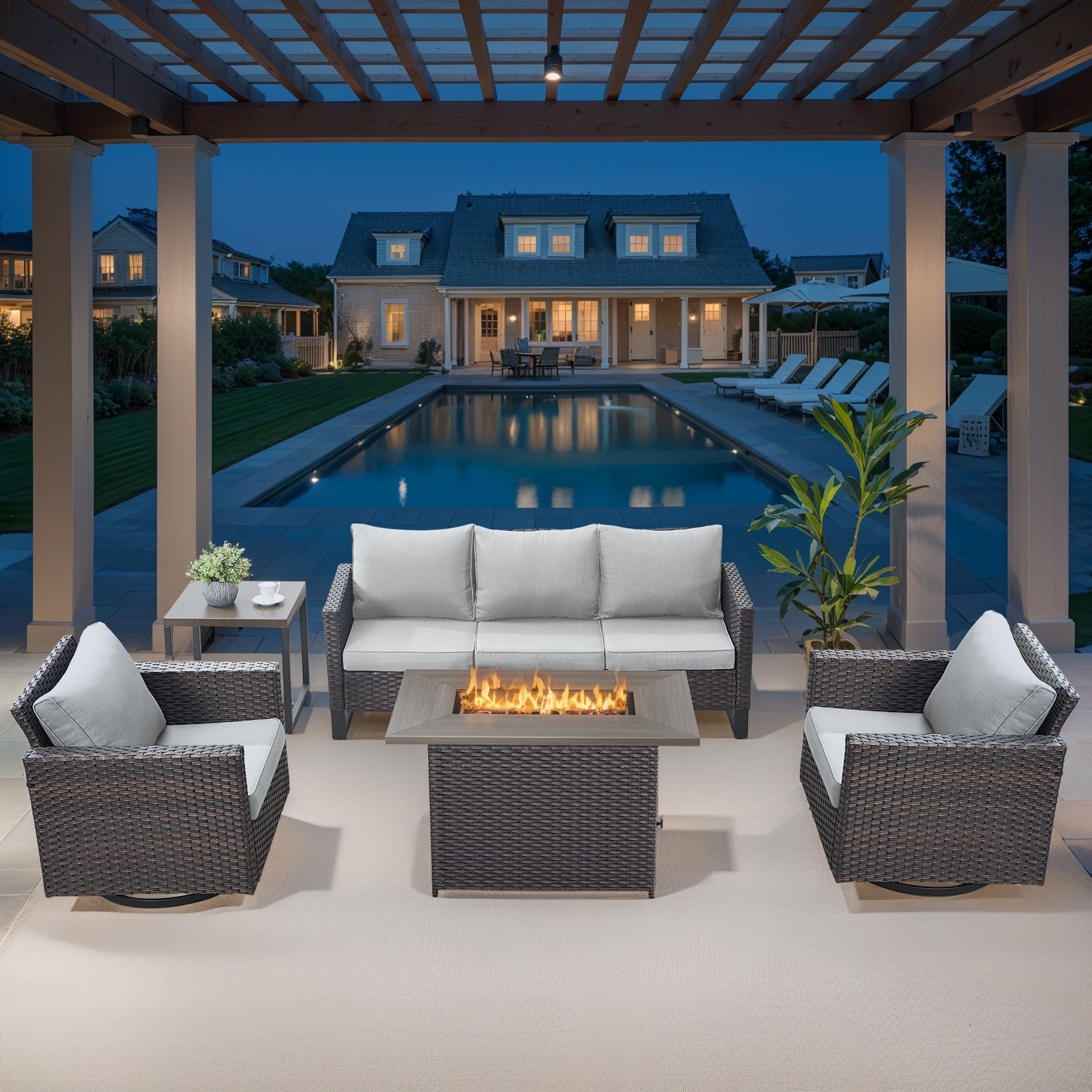 Outdoor Sofa with Swivel Chairs and Fire Pit Table - Beige cushion - Brown