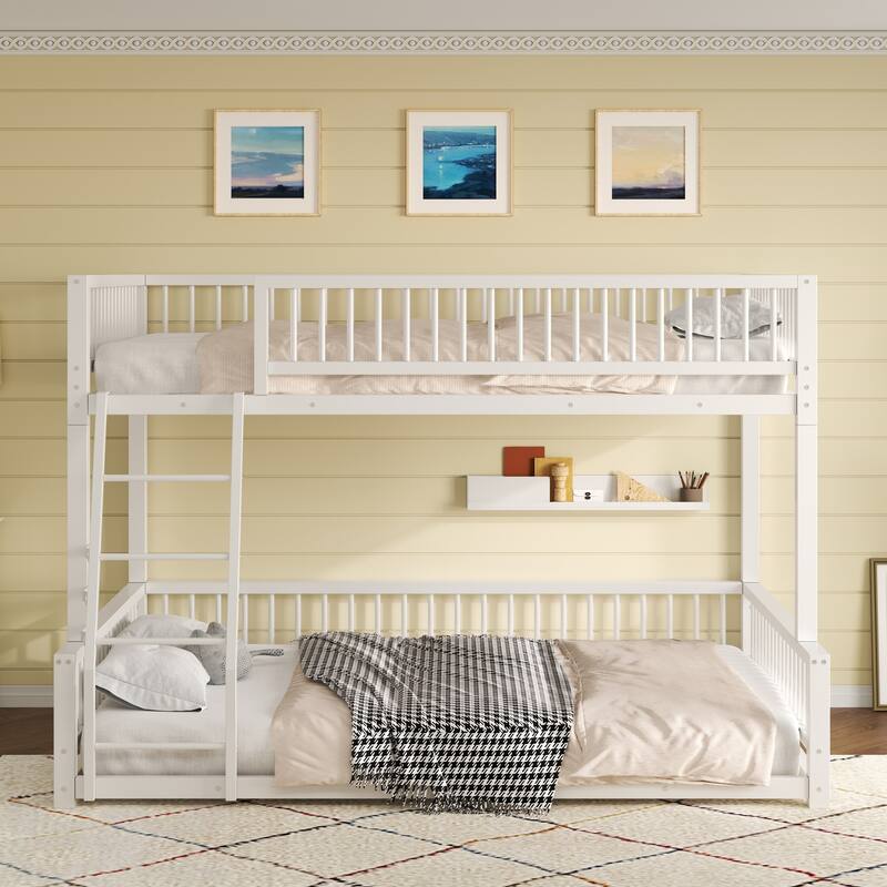 Floor Bunk Bed Heavy Metal Bed Frame with Ladder and Safety Guardrails, Detachable Bunkbeds Design Converts to 2 Platform Beds