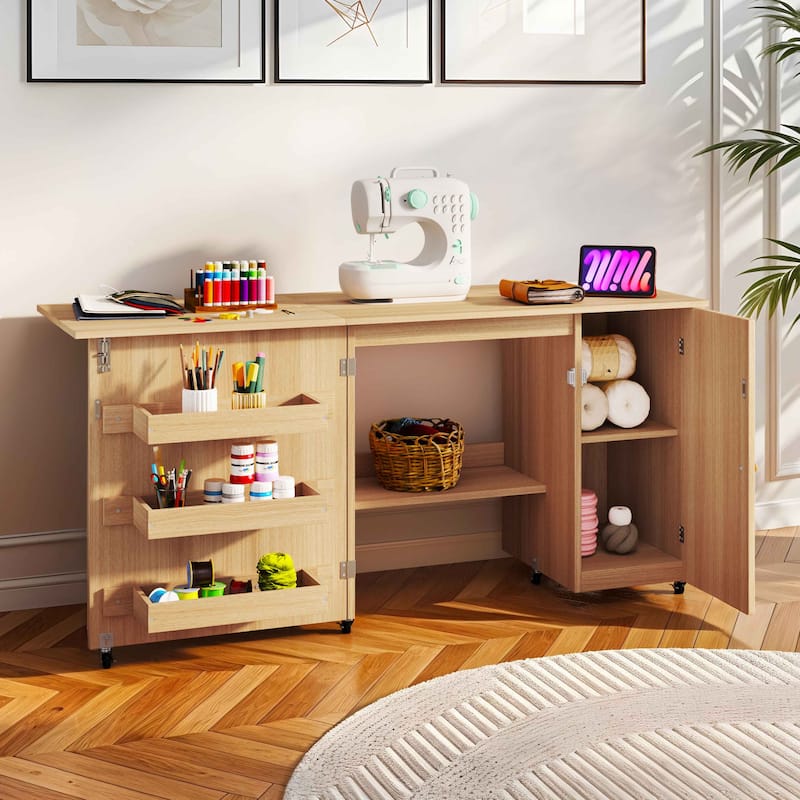 Moasis 61" Wide Folding Sewing Table and Craft Table with Storage and Charging Station