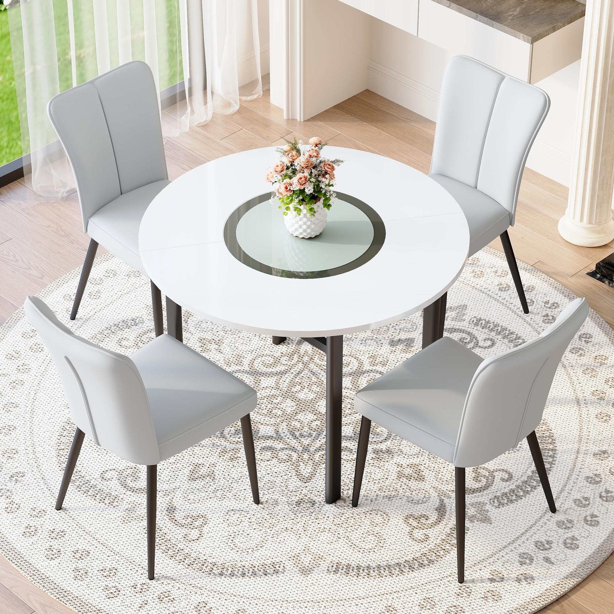 5-Piece Round Dining Table Set, 42" Kitchen Table and Chairs Set for 4 with Lower Storage Shelf