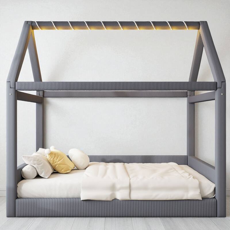 Full Size Upholstered House Daybed with Corduroy Fabric and LED Light Strip, Wood Frame, No Box Spring Needed