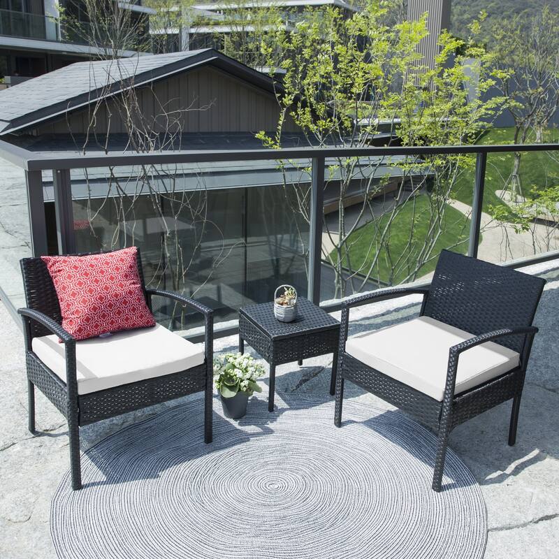 Rattan Wicker Patio Chat Set Outdoor Table and Chairs with Cushions - set of 3