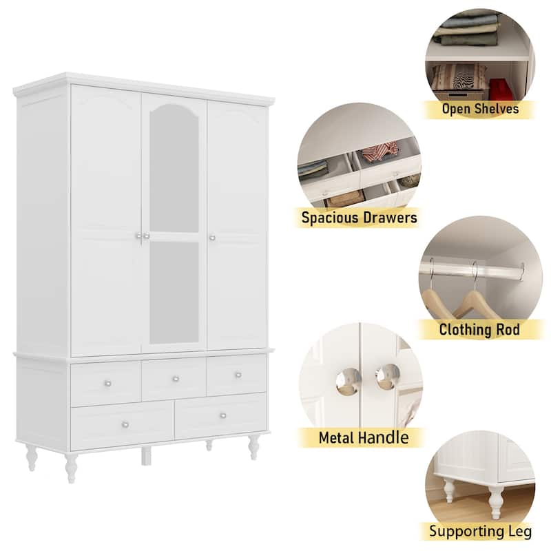 47.2" Lacquered Armoires Wardrobes With Mirror Door 5 Drawer in White