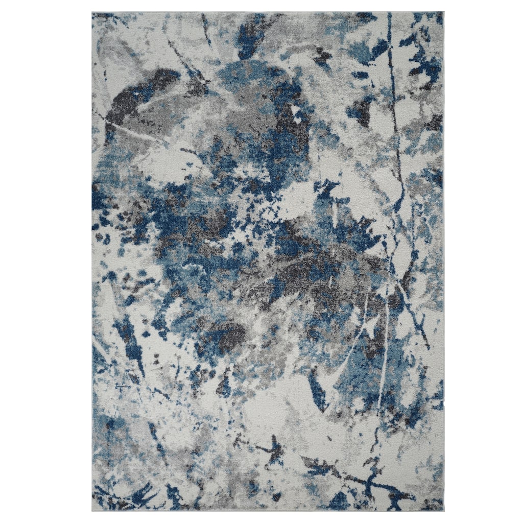 Avant Ivory and Blue Abstract Power-Loom Area Rug 2' x 3'
