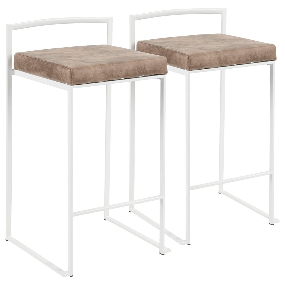 Lumisource Counter Stool in White with Grey Faux Leather - Set of 2 - 16"Lx17.5"Wx31"H