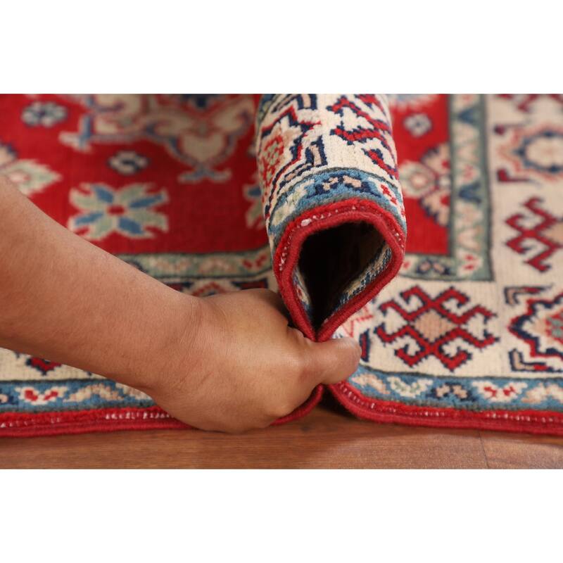 Red Kazak Oriental Accent Rug Handmade Geometric Foyer Wool Carpet - 2'10" x 3'11"
