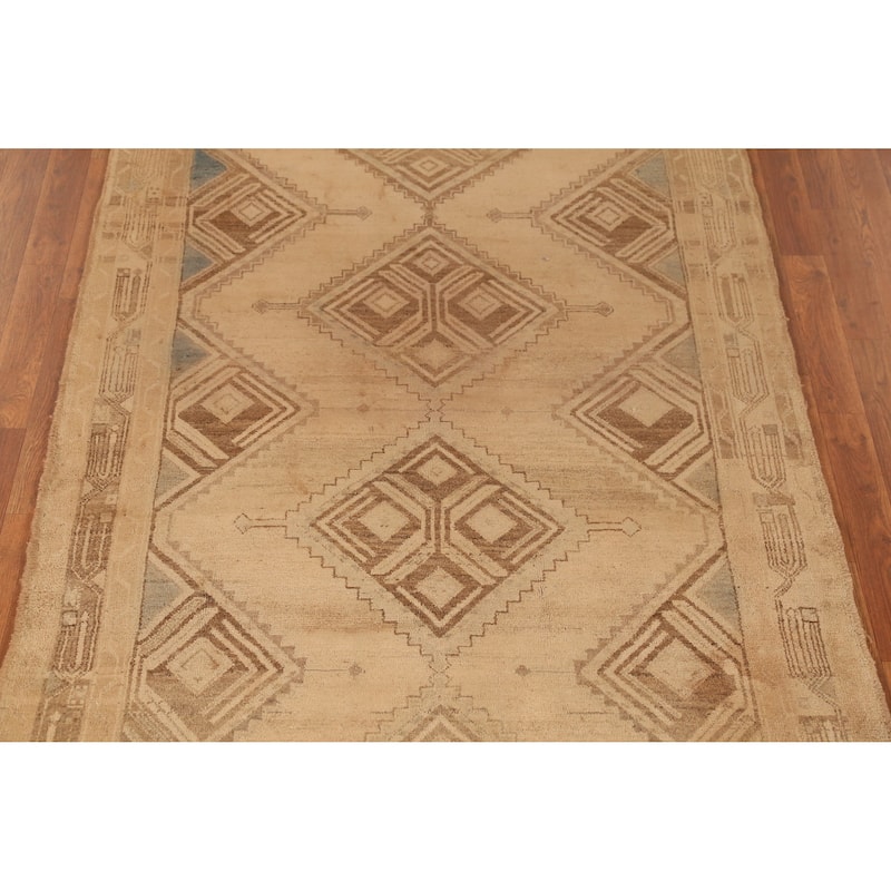 Hand Knotted Oriental 100% Wool Carpet Traditional Geometric Beige & Ivories Hamedan Area Rug - 10' 7'' X 4' 6''