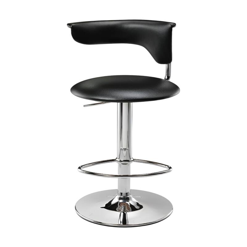 Adjustable Seat Height Black Faux Leather Bar Stool with Chrome Pedestal Base and Low Back Support - 33”H x 18”W x 16”D