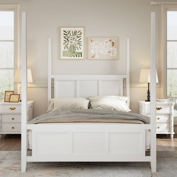 slide 2 of 12, Elegant King Size Four-Poster Solid Wood Bed with Horizontal Slat Detail, Sturdy Pine Construction White - Queen