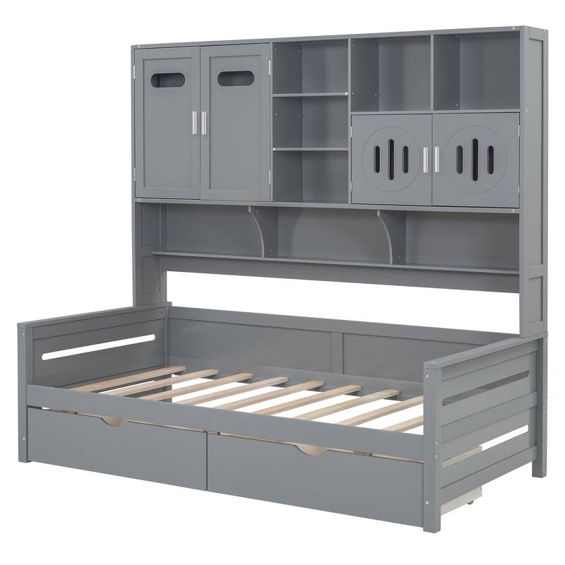 Contemporary Twin/Full Size Wooden Daybed with 2 Storage Drawers, Cabinet, and Shelf - Solid Wood Slats