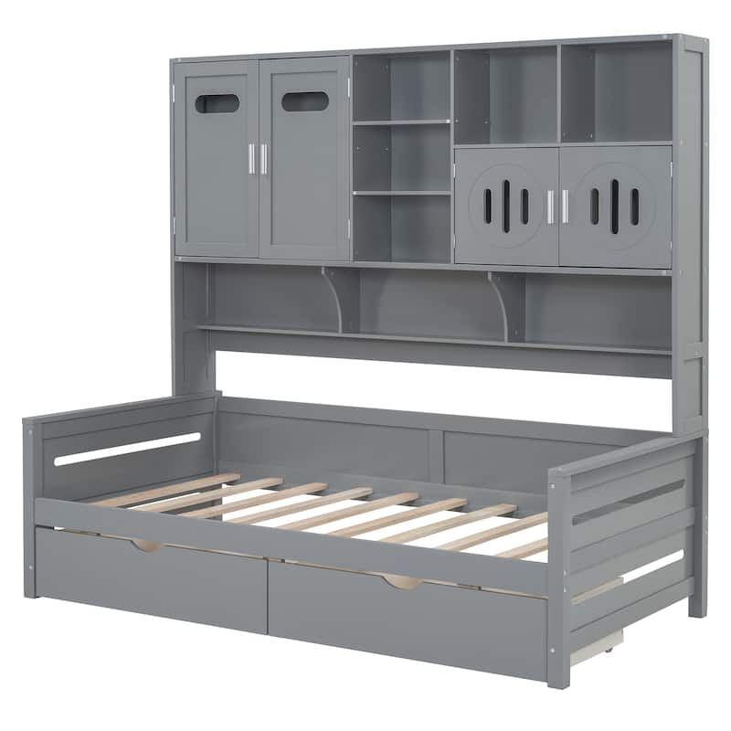 Twin Size Daybed with Bookcase Headboard and Shelves, Wooden Platform Bed Frame with 2 Drawers and All-in-One Storage Cabinet