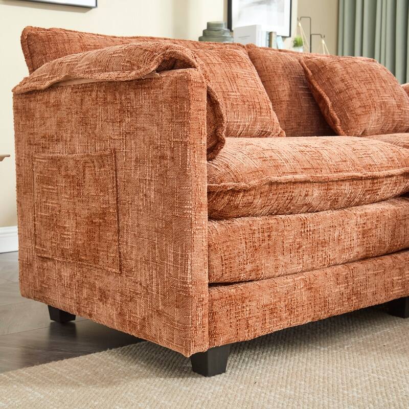 76.77" Chenille Upholstered Sofa with 2 Ottomans