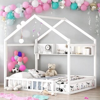 Kids and Baby Full Size House Bed with Fence and Roof with Storage Shelf
