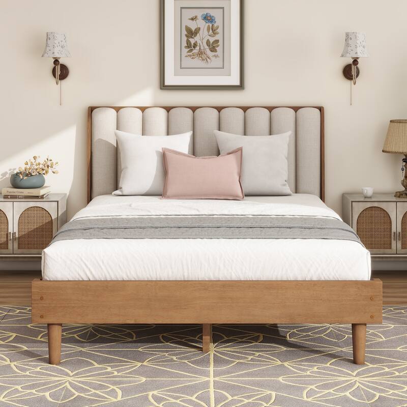 King/Queen Size Wood Bed with Piano Key Upholstered Headboard, Strengthened Frame