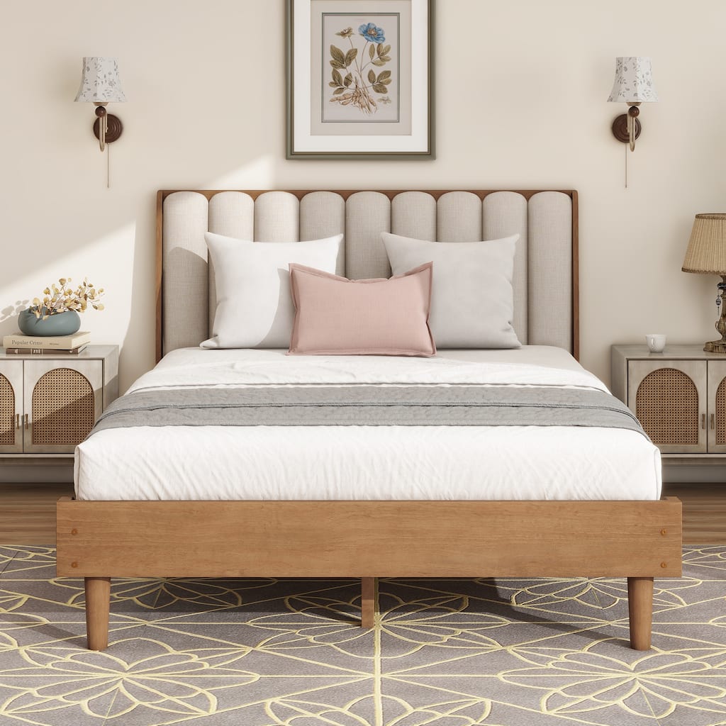 Solid Wood Low Profile Platform Bed Frame with Piano Key Style Upholstered Headboard, No Box Spring Needed