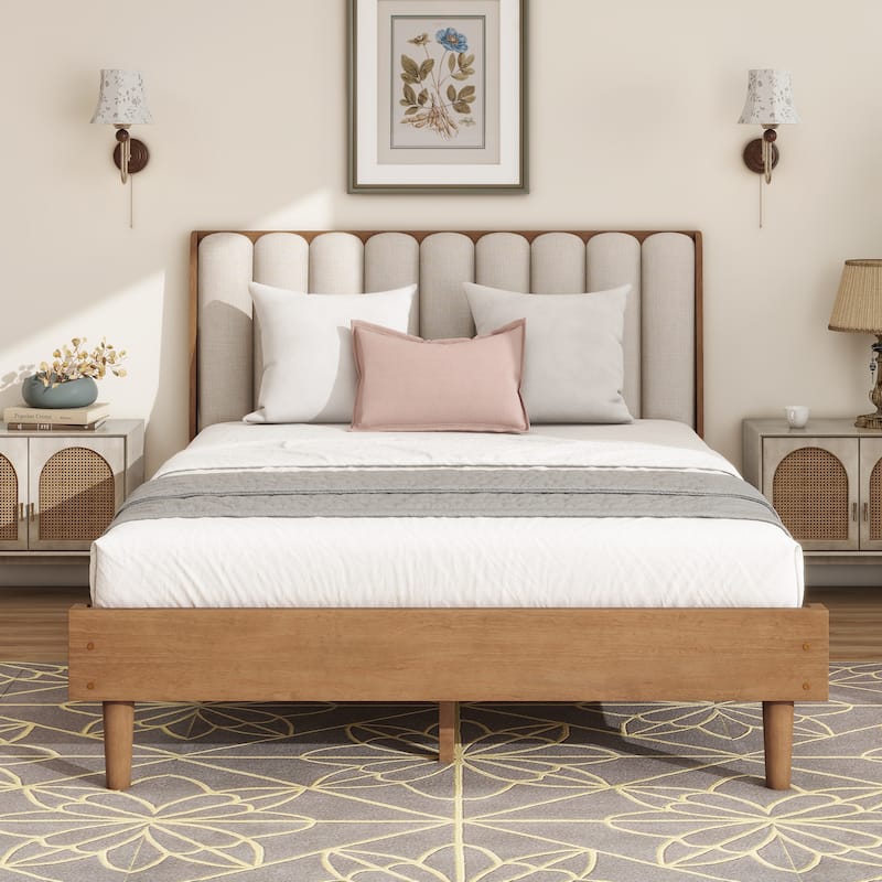 Solid Wood Low Profile Platform Bed Frame with Piano Key Style Upholstered Headboard, No Box Spring Needed - Wheat - Queen
