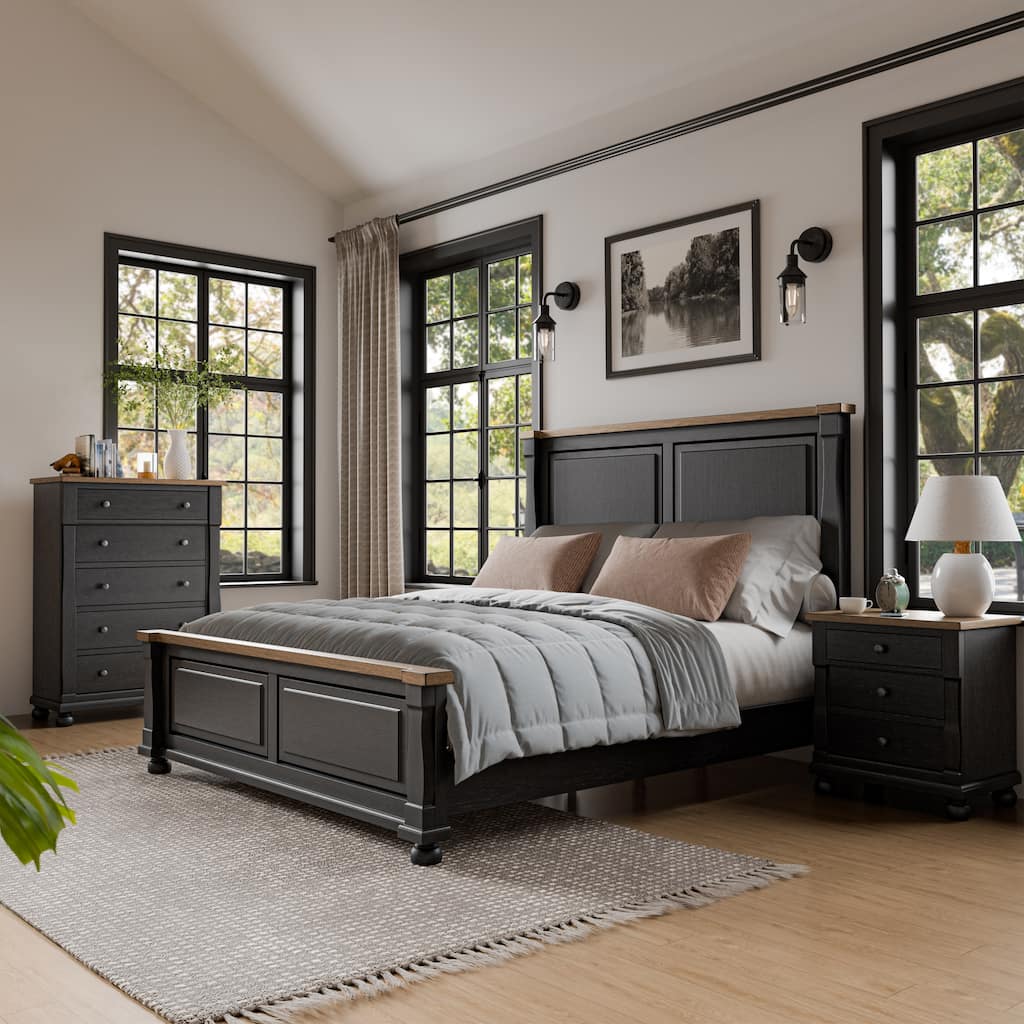 Furniture of America Lucan II Modern 3-Piece Farmhouse Black Solid Wood Queen Panel Bedroom Set