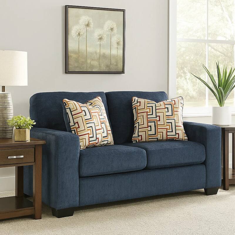 Avie Loveseat, 2 Accent Pillows, Soft Navy Blue Polyester, 62 Inch