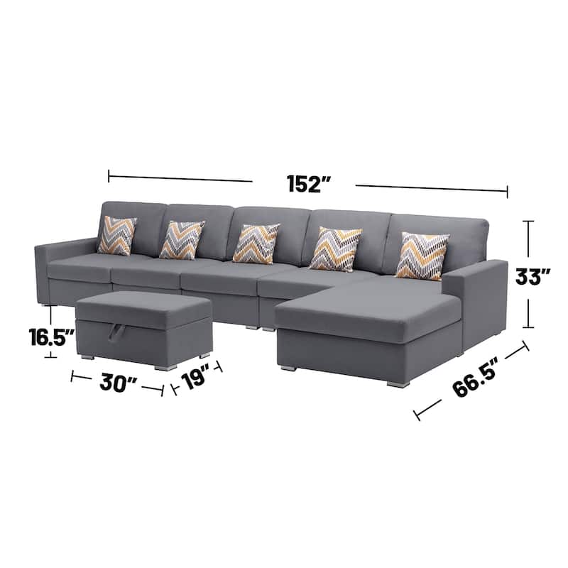 Linen Fabric 6 Piece Reversible Sectional Sofa Chaise with Interchangeable Legs, Pillows and Storage Ottoman in Grey