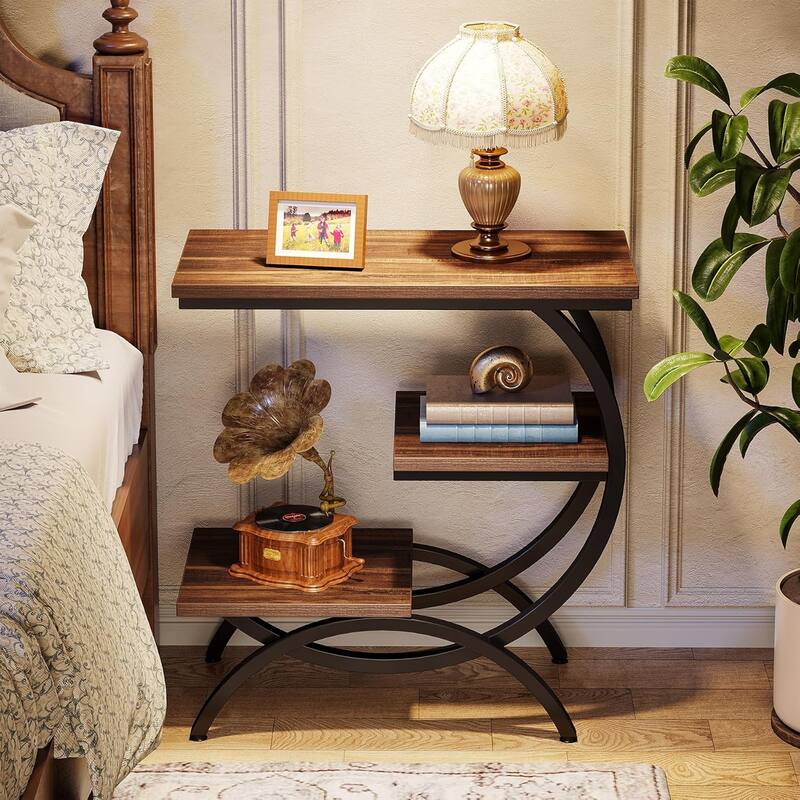 23.62 Inches Brown Wood C-Shaped End Table, 3-Tier Industrial Couch Side Table for Living Room