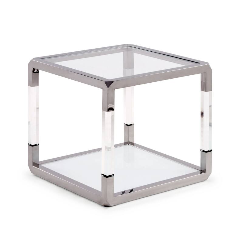 Jape 22 Inch Square Side End Table, Glass, Stainless Steel, Acrylic, White