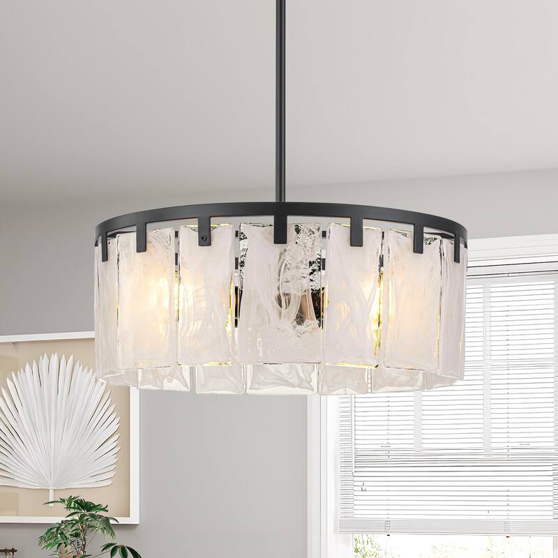 Starsky 4 - Light Modern Drum Handcrafted Textured Glass Chandelier - Black