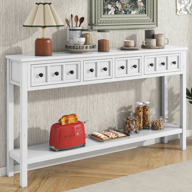 60" Rustic Entryway Console Table with Two Drawers and Bottom Shelf