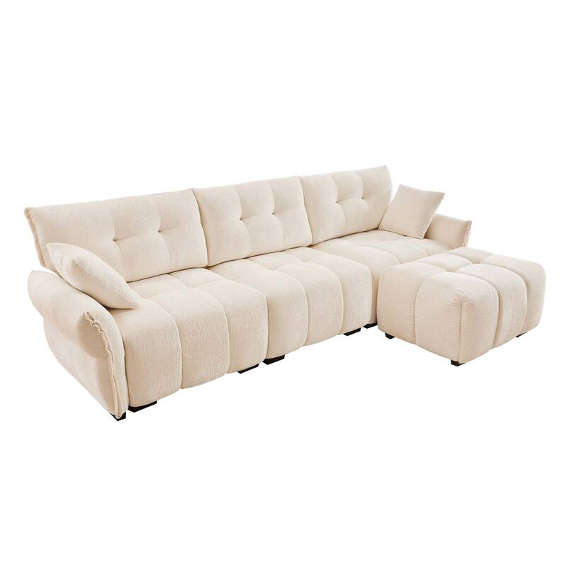 110.2" Chenille 3-Seater Sofa Set with Ottoman and Pillows, Solid Wood Frame and High-Resilience Cushions