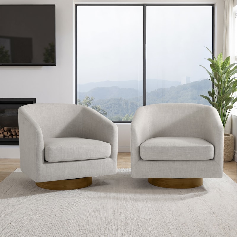 2 Set Modern Wide Round Swivel Accent Barrel Chairs - Cotton Linen - Khaki-Set of 2
