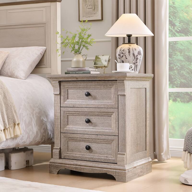 Farmhouse 3 Drawers Nightstand with Charging Station, Rustic End Table - Grey