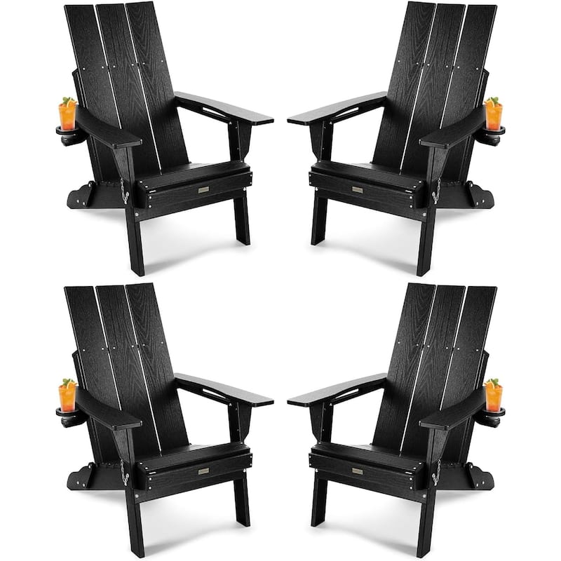 WINSOON HDPE Outdoor Folding Adirondack Chair With Cup Holder( Set of 4) - Black x4