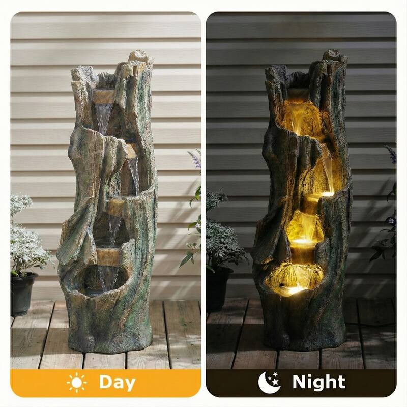 39.4 Inch Tree Design Outdoor Waterfall Fountain Freestanding Fiberglass Resin Water Feature with LED Lights - N/A
