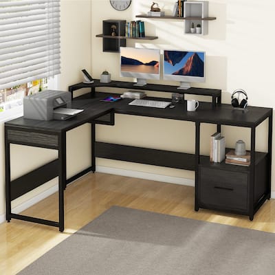 Moasis L Shaped Desk with Storage Shelves, Home Office Corner Desk with Charge Station