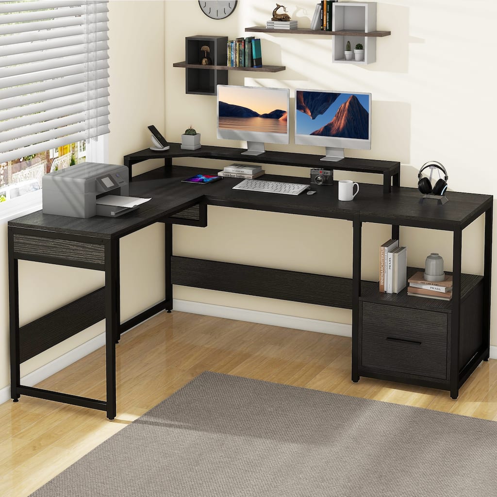Moasis L Shaped Desk with Storage Shelves, Home Office Corner Desk with Charge Station