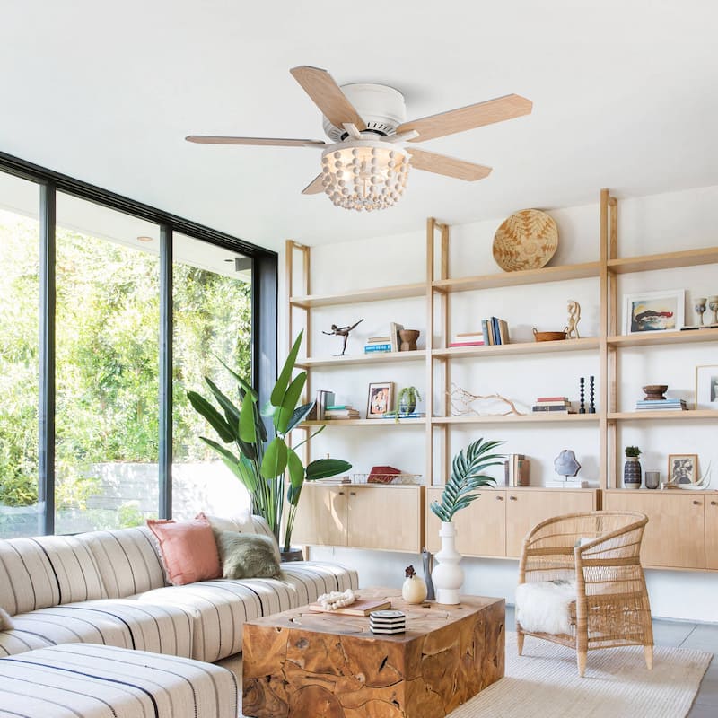 48" White Coastal Bohemian Wooden Bead Flush Mount Ceiling Fan with Light and Remote